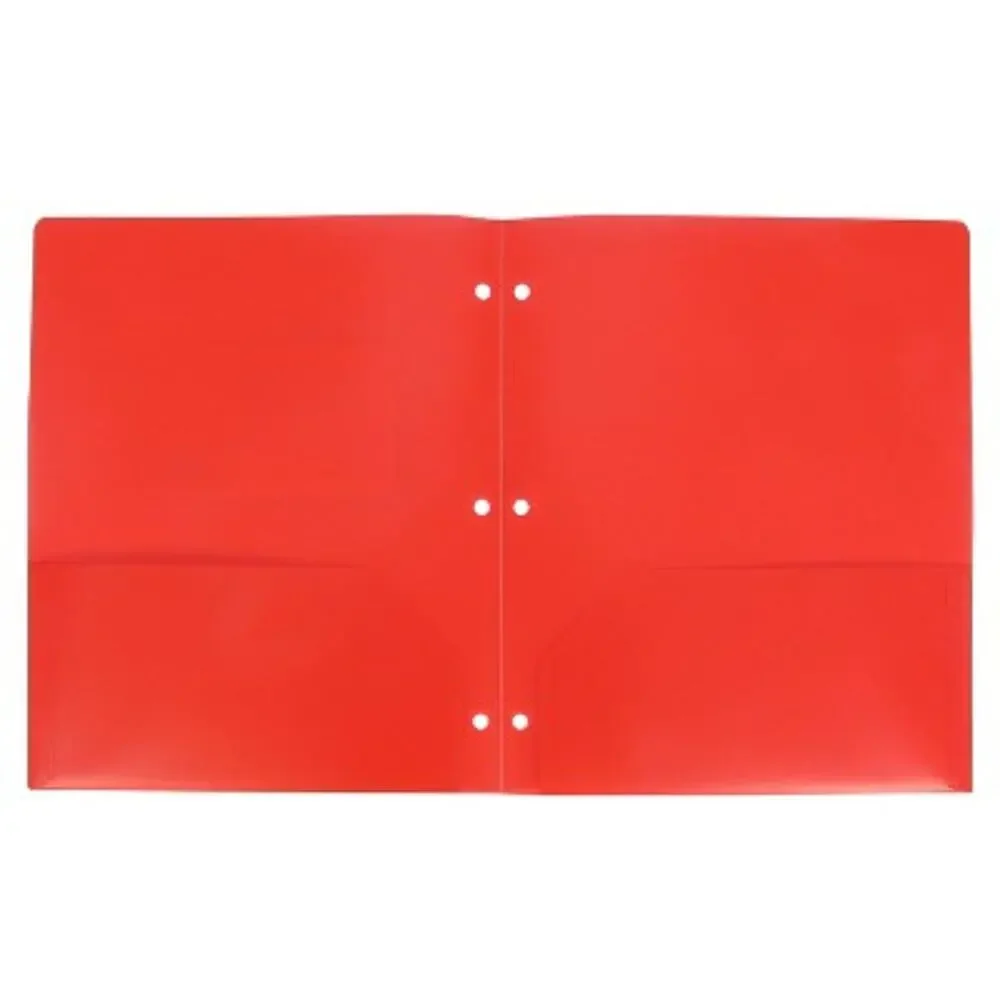 12-Pack - 2‑Pocket 3‑Hole Punch Plastic Folder – Red – 12‑Pack